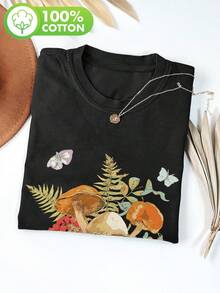 Women's Casual Summer Top, Illustrated Style, Mushroom And Butterfly Print, Short Sleeve Crew Neck T-Shirt, Winter Size, Women's Clothing - 黑色 - 查看 7