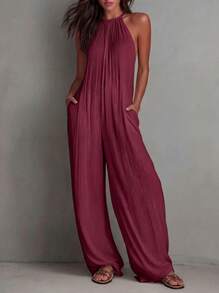 White Wide-Leg Jumpsuit With Pleats And Open Back, Perfect For A Holiday Look. - 酒紅色 - 查看 3