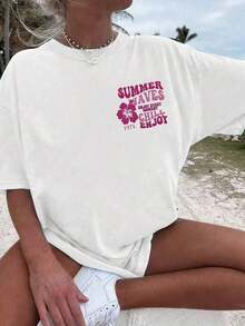 Camiseta de Manga Corta para Mujer, Estilo Sencillo 2026, con Estampado Floral y Letras, Ropa de Verano, Camiseta Oversize, Streetwear Casual, Cuello Redondo, Algodón, Moda Verano, Camiseta Holgada para Mujer, Atuendo Diario - Blanco - Ver 3