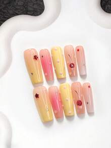 10片裝鮮豔可愛手工穿戴甲，Polygel美甲套組，星星水鑽波點設計，黃色與粉色指甲油，甜美風，含美甲工具，3種尺寸可選，杏仁/鴨嘴/棺材形，適合派對、跳舞、日常配戴 - 彩色 - 查看 19