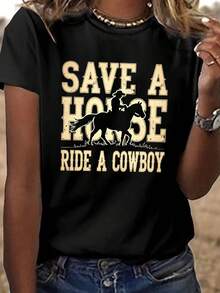 Women's Funny Cowgirl T-Shirt - "SAVE A HORSE, RIDE A COWBOY" Print, Short Sleeve Crew Neck, Casual Top With Cowboy Slogan, Medium Stretch Fabric Ideal For Summer And Spring Looks - 黑色 - 查看 1