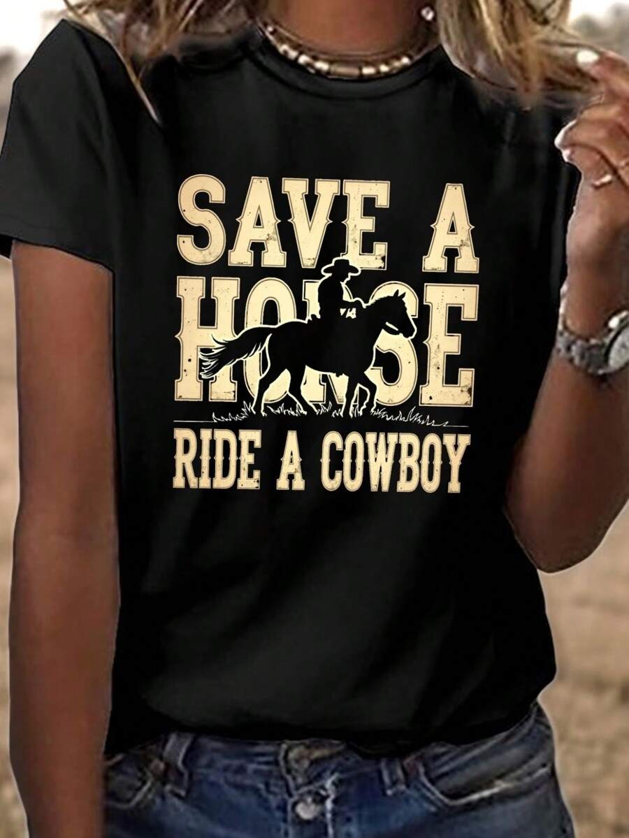 Women's Funny Cowgirl T-Shirt - "SAVE A HORSE, RIDE A COWBOY" Print, Short Sleeve Crew Neck, Casual Top With Cowboy Slogan, Medium Stretch Fabric Ideal For Summer And Spring Looks - 黑色 - 查看 1