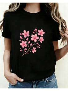 Women's Printed T-Shirt - Casual Short-Sleeve Crew Neck T-Shirt In Black With Pink Cherry Blossom Design. A Relaxed Fit Suitable For All Seasons, It's The Perfect Choice For Everyday Wear Or Vacation Outfits (Machine Washable). Perfect To Pair With Blue Jeans For A Fresh And Stylish Look. - 黑色 - 查看 6
