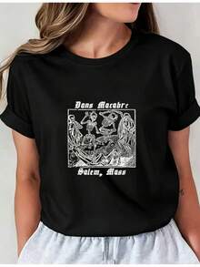 Camiseta Estampada para Mujer - Camiseta Casual de Manga Corta y Cuello Redondo en Negro con Ilustración Medieval Bone Appetit - Corte Relajado para Todas las Estaciones, Perfecta para Uso Diario y Ocasiones Especiales (Lavable aáquina). - Negro - Ver 1