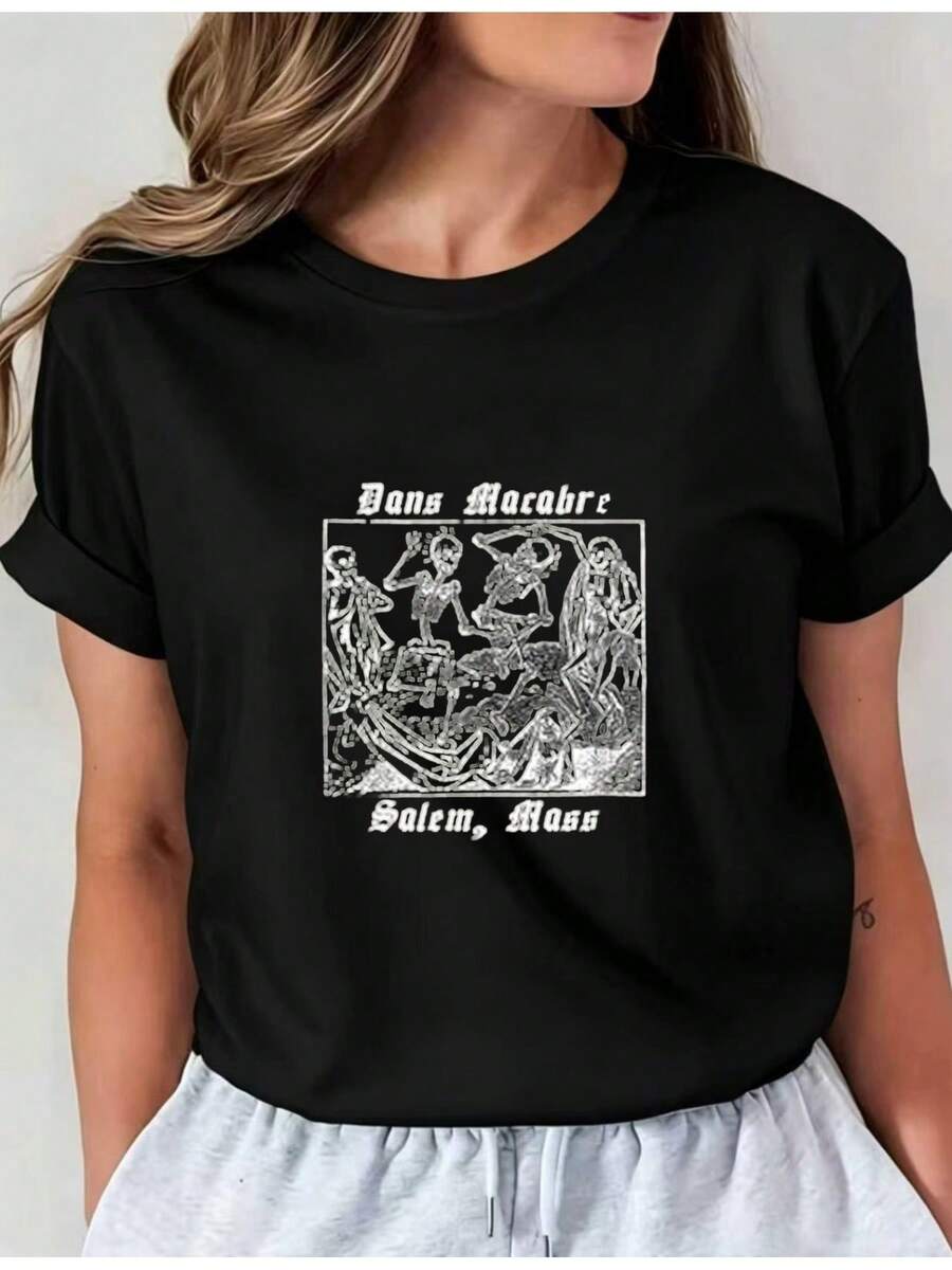 Camiseta Estampada para Mujer - Camiseta Casual de Manga Corta y Cuello Redondo en Negro con Ilustración Medieval Bone Appetit - Corte Relajado para Todas las Estaciones, Perfecta para Uso Diario y Ocasiones Especiales (Lavable aáquina). - Negro - Ver 1