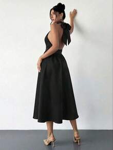 High-Waisted Midi Dress With A V-Neck And Open Back, In A Vintage French Polka Dot Style, Suitable For Valentine's Day, Concerts, Performances, Dates, Banquets, Weddings, Sexy, Elegant, Back To School, Vacation, Beach, Romantic - 黑色 - 查看 7