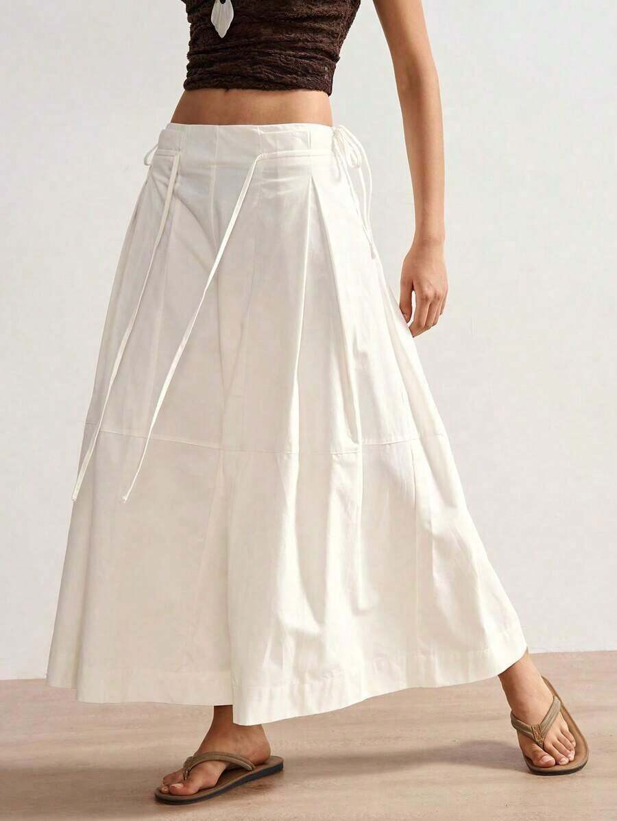 Pantalones anchos de unicolor con cordón en la cintura, sueltos y casuales, aptos para primavera, verano y otoño - Blanco - Ver 1