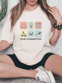 Camiseta Casual para Mujer, Nueva Colección Primavera/Verano 2026 |   Corte holgado, manga corta, diseño geométrico, ideal para uso diario - alta calidad - Blanco - Ver 1