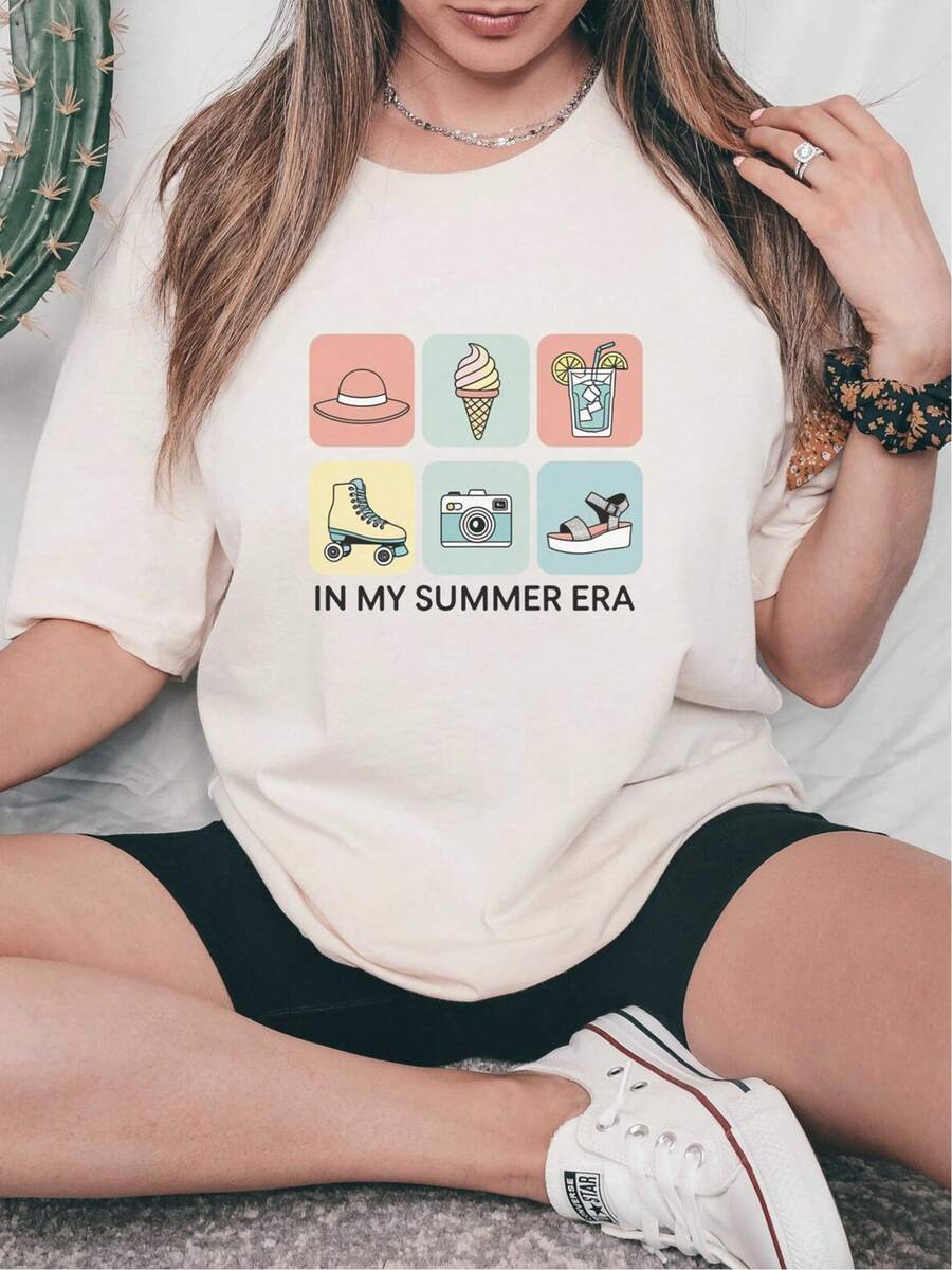 Camiseta Casual para Mujer, Nueva Colección Primavera/Verano 2026 | Corte holgado, manga corta, diseño geométrico, ideal para uso diario - alta calidad - Blanco - Ver 1