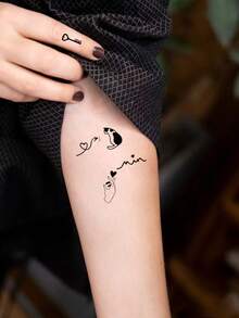(4 feuilles/set) 4 pièces de petits tatouages temporaires noirs, comprenant des motifs d'oiseau, de cœur, de diamant, de note de musique, de lettre, de battement de cœur, d'étoile et de lune. Convient pour les doigts, les oreilles, les poignets et les parties du corps - Noir - Voir 6