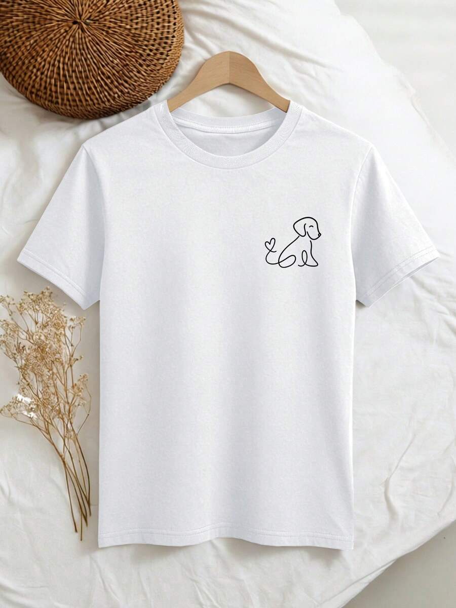Camiseta elegante de manga corta para mujer con estampado de patrón de líneas negras de un cachorro sentado con un símbolo de corazón. Esta prenda de cuello redondo es adecuada para primavera y verano, ofreciendo un estilo vintage versátil, casual y elegante para desplazamientos a la moda