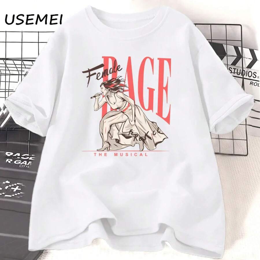 Women's Large T-Shirt From The Female Rage Music Series, 2026, Casual, Cotton, Short Sleeve, Summer, Round Neck, Music Print, Urban Style, Unisex. - 白色 - 查看 1