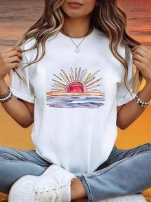 Women's Summer Top, Casual Short Sleeve T-Shirt With Watercolor Sunset Wave Print, Beach Vacation Style, Lightweight And Breathable | Casual Blouses For Women - 白色 - 查看 6