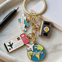 1pc Vintage Travel Enamel Keychain, Cute Airplane & Globe Pendant, Backpack Accessory For Travel Enthusiasts, Perfect Gift For Adventure Lovers - Pink+Green+Black - View 7