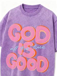 Men's God Is Good Distressed Graphic Tee, Oversized Crew Neck Short Sleeve Vintage Wash T-Shirt, Unisex Boyfriend Fit - 紫色 - 查看 4