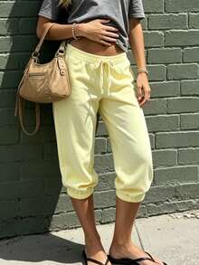 Women's Heathered Capri Sweatpants, Drawstring Waist Casual Cropped Joggers - 黃色 - 查看 4