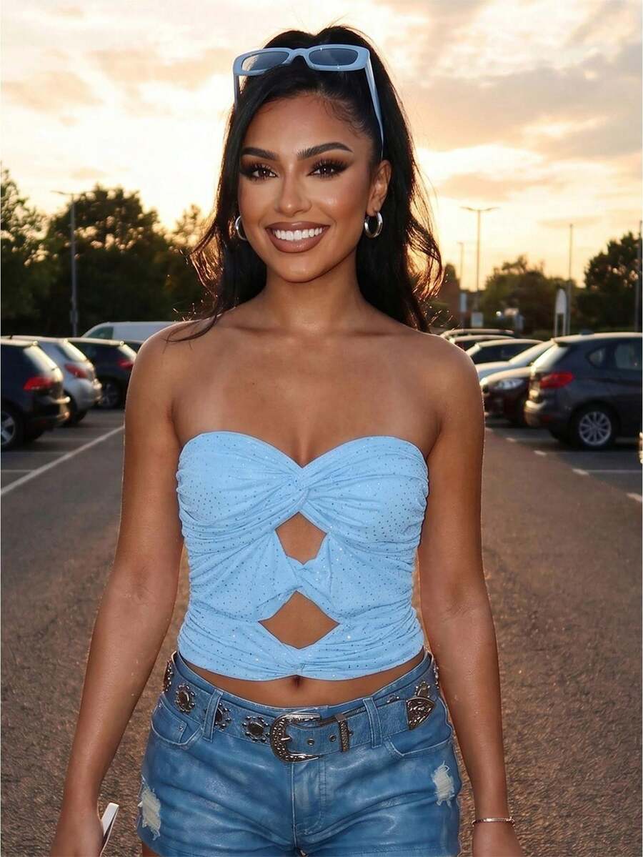 Women Rhinestones Tube Tops Shimmer Twist Cutout Ruched Off-Shoulder Bandeau Backless Shirts For Streetwear - Blue - View 1