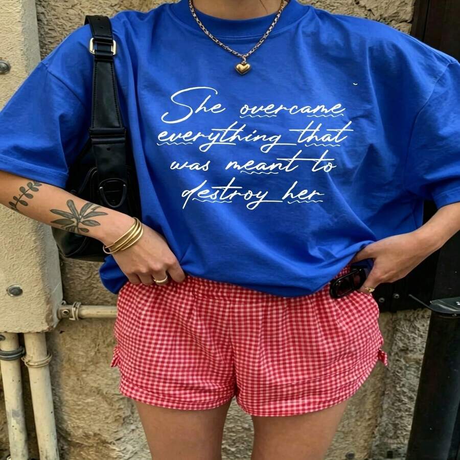 Heartfelt Daily Casual Graphic T-Shirt 100% Cotton Oversized Soft Breathable Casual Crewneck Short Sleeve Top Aesthetic Daily Vintage Red Gingham Shorts Women's Outfit Street Style Fashion Lovers Casual Wearers Gift Givers Basic - 藍色 - 查看 1