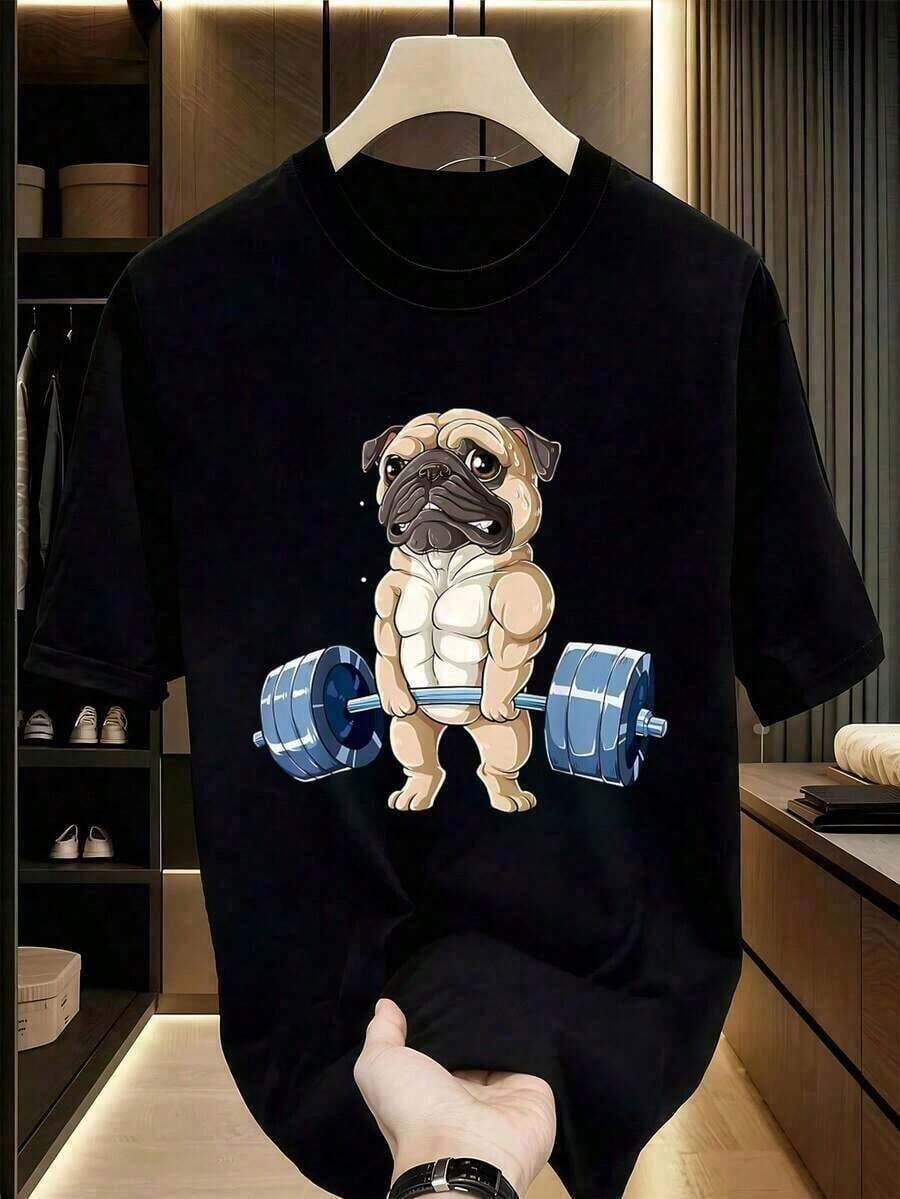 Men's T-Shirt 100% Cotton - Pug Weightlifting Humor. Funny Deadlift Gym Workout T-Shirt. Short Sleeves. Crew Neck. Machine Washable. Men's Gym T-Shirt, Graphic Tees, Crop Tops, QVYH T-Shirt - 黑色 - 查看 1