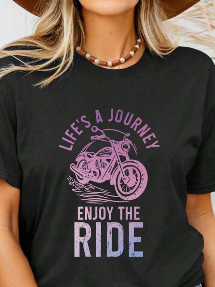 Motorcycle T-Shirt "Life Is A Journey, Enjoy The Ride" Motorcycle T-Shirt For Men And Women Gift Idea Breathable And Comfortable - 黑色 - 查看 1