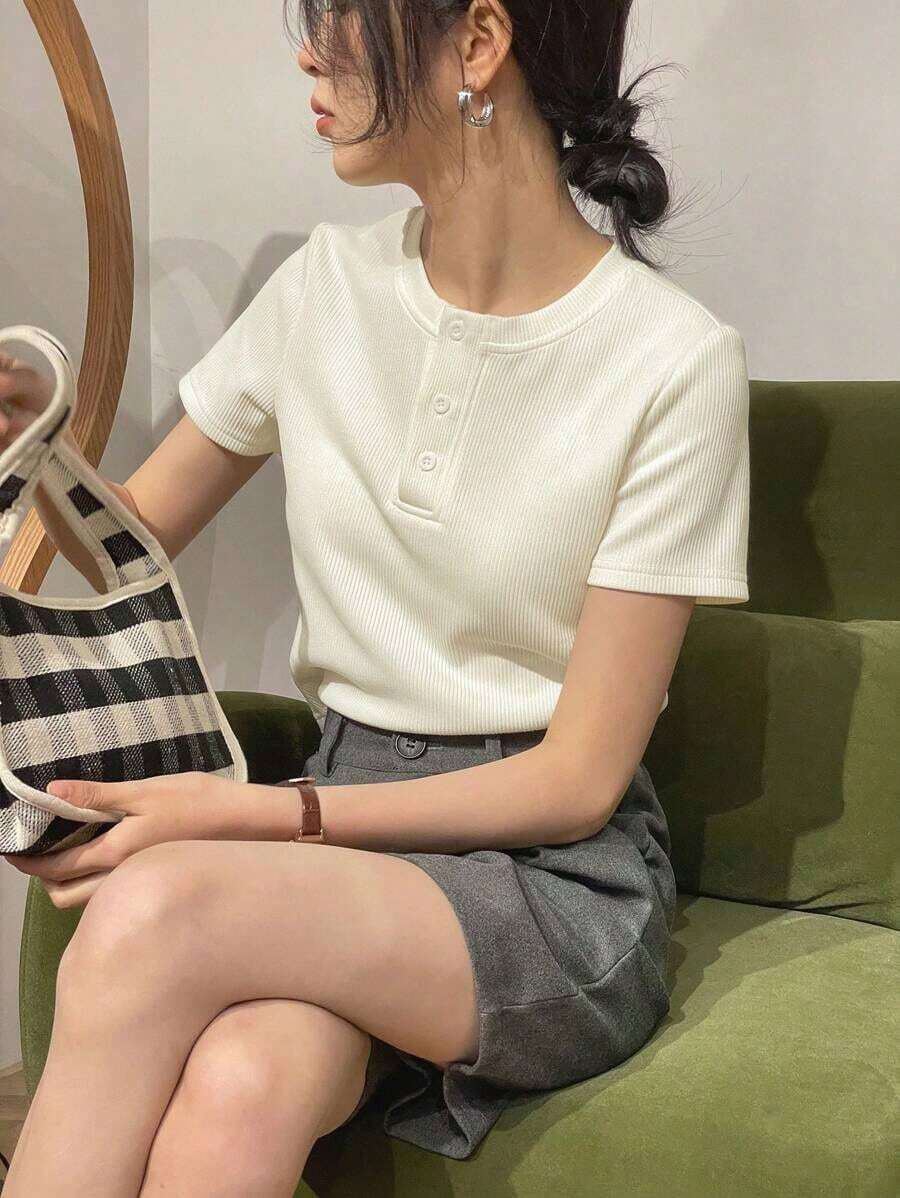 Camiseta de punto acanalado con botones delanteros lisos para verano - Blanco - Ver 1