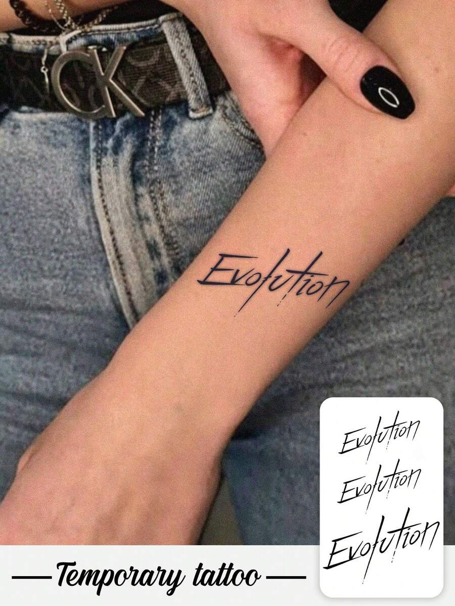 1 Herbal Tattoo Sticker, Dark Sharp Handwritten 'Evolution' English Personalized Temporary Tattoo Sticker, Washable, PVC, Disposable, Waterproof And Sweatproof, Suitable For Arms, Waist, Abdomen, Back, Legs, Non-Reflective, Realistic Tattoo, Suitable For People, For Daily Use, Lasts 7-14 Days - Black - View 1