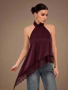 Tall Top de camisola sin espalda con adorno de encaje elegante, blusa sin mangas de satén con parches sexy para fiestas, cócteles, ocasiones formales, Navidad, casual de negocios - Burdeos - Ver 7