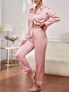 Moireta Conjunto de pijama de top de satén con cuello de solapa y botones con ribete de contraste y pantalones, detalles acogedores y elegantes, ropa de otoño e invierno - Rosa vieja - Ver 3