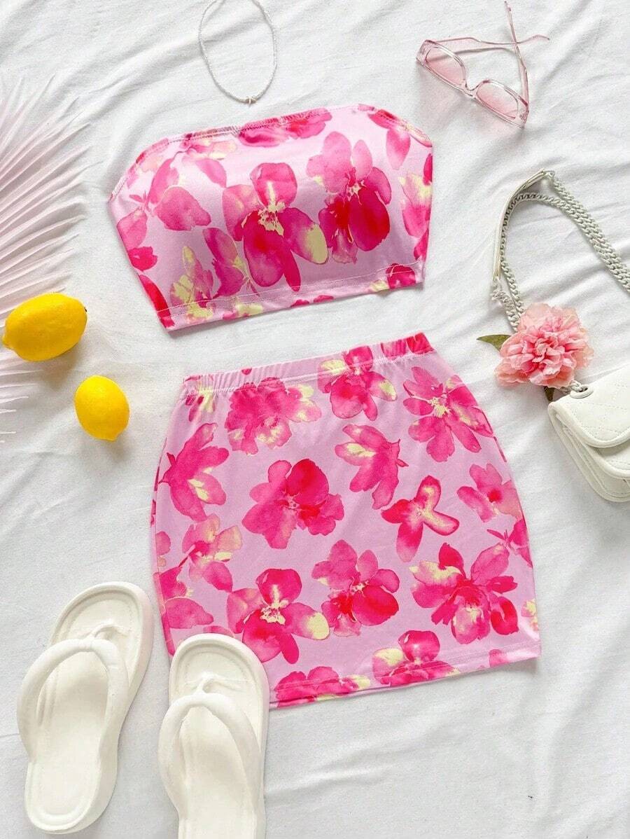 con estampado floral Top bandeau & Falda ajustada - Multicolor - Ver 1