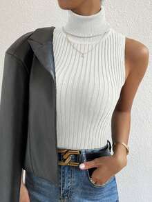 Top de cuello tortuga tejido de canalé - Beis - Ver 3