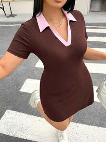 Vestido casual de manga corta con bloques de color y cuello de solapa para mujer talla grande - Multicolor - Ver 6