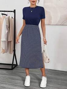 Vestido informal de verano para mujeres, vestido de ajuste ceñido a bloques de color con rayas y aberturas laterales, vestido midi, vestido básico de camiseta, vestido de verano para mujeres, vestido a rayas - Azul marino - Ver 3