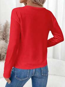 Camiseta de manga larga con cuello en V regular y estilo minimalista casual, adecuada para otoño/invierno - Rojo - Ver 2
