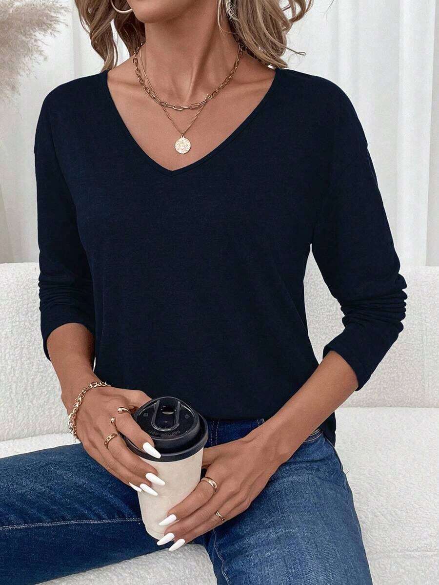 Camiseta de manga larga con cuello en V regular y estilo minimalista casual, adecuada para otoño/invierno - Azul marino - Ver 1