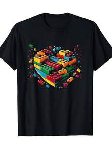 Camiseta Unisex Inspirada en Master Builder con Diseño de Bloques de Construcción, Color Negro, Estampado de Ladrillos Entrelazados Icónicos, Cuello Redondo Casual para Fans, Ropa Informal para Eventos Temáticos - Negro - Ver 7
