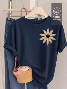 Beige Floral Print T-Shirt | 100% Cotton - 海軍藍 - 查看 2