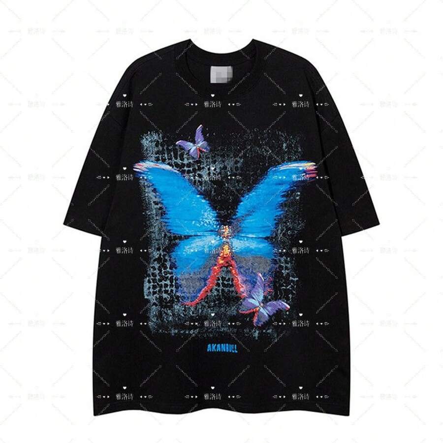 100% Pure Cotton Short-Sleeved T-Shirt, European And American Chic Style, With Butterfly Print, For Men And Women, New Summer Collection. - 白色 - 查看 1