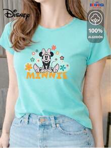 Women's T-Shirt Made Of 100% High-Quality Cotton, This T-Shirt Guarantees Exceptional Softness To The Touch, Round Neck With "Disney Minnie Floral" Print And Short Sleeves - 水 - 查看 1