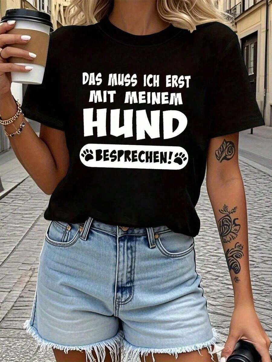 Women's T-Shirt With German Letter Print "I Have To Discuss This With My Dog First!" Design With German Phrase And Paw Print - Casual Short Sleeve Crew Neck T-Shirt In Black And White For Dog Lovers, Spring And Summer Casual Wear (German Text: Muss Ich Erst Mitblouses For Women>Clothing - 黑色 - 查看 1
