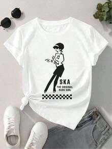 100% Cotton. Women's Casual T-Shirt With A Ska Graphic Print. Made From 100% Cotton, This Urban Hip-Hop Style T-Shirt Is Comfortable, Durable, And Features An Eye-Catching Print. It's A Simple, Solid-Color T-Shirt With A Relaxed, Fitted Cut And Short Sleeves. - 白色的 - 查看 3