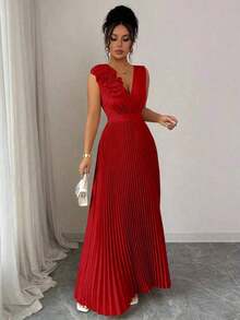 Vestido de verano de cuello en V azul claro con cintura ceñida, aplicación floral en el pecho y falda plisada en línea A, elegante estilo francés - Rojo - Ver 4