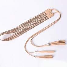 1pc Hollow Tassel Waist Belt, Versatile Fashion Waist Rope For Dresses, Shirts, Skirts, Faux Leather - Beige - View 4