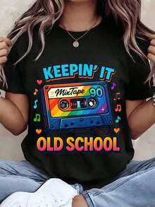 Women's T-Shirt With 90s Cassette Print "Keepin' It Old School Mixtape", Round Neck, Casual Style, Gift Idea For Music Lovers, Cool Summer Clothes For Women - 黑色 - 查看 1