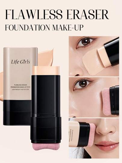Life Girls 1 pieza Barra de maquillaje hidratante, resistente al agua y de larga duración, acabado natural y luminoso, de doble punta con aplicador de brocha, crea un cutis perfecto