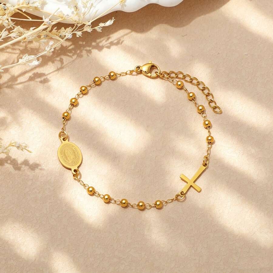 Adjustable Fashion Luxury High-End Stainless Steel Bracelet, Cross Stainless Steel Buddhist Bead Bracelet, Versatile Cross Bracelet - Yellow Gold - View 1