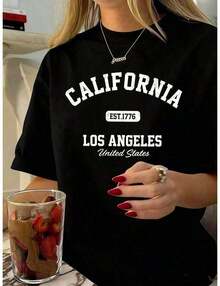 Camiseta de Mujer 1 Pieza, Camiseta Gráfica Vintage de Deyin para Mujer con Diseño de California Los Ángeles - Cuello Redondo Casual, Manga Corta, Algodón, Lavable a Máquina, Estampado EST 1776, Tela 100% Algodón, Suave y Transpirable, Camiseta Casual de Cuello Redondo 100% Algodón - 365T - Tops de Verano para Mujer - Tops para Mujer - Nuevos Conjuntos de Verano 2026 para Mujer - Top Adecuado para Verano, Playa, Calle, Uso Diario, Trabajo, Fiesta de Oficina, Salida, Carnaval, Festival de Música, Día de San Valentín, Fiesta. Elegante Top de Mujer Estilo Y2K Millennium, Ropa de Vacaciones para Damas. Blusa Elegante para Mujer de Oficina, Top Bonito, Atuendo Festivo para Mujer, Vestido para Cita Nocturna, Camisa Elegante para Dama, Vestido Casual de Verano, Atuendo Vacacional para Mujer. - Negro - Ver 8