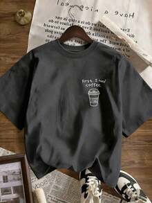 Women's T-Shirt With Graphic Print "First. I Need Coffee." Round Neck And Short Sleeves, Relaxed And Casual Fit, Versatile, Suitable For Everyday Wear And Summer Holidays - 深灰色 - 查看 3