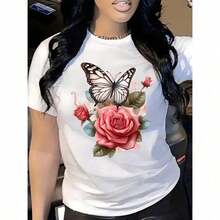 Women's Printed T-Shirt. Stylish Short-Sleeved T-Shirt With A Round Neck And Floral Print. Soft And Breathable, Featuring Pink Roses And Green Foliage. Versatile For Summer Parties, Perfect For All Seasons, With Convenient Local Shipping. Loose And Comfortable Plus-Size T-Shirt For Summer. - White - View 12
