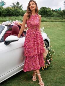 Vestido de gasa con estampado floral aleatorio, anillo de enlace recortado, dobladillo con volantes, atuendo de vacaciones para mujer - Multicolor - Ver 6