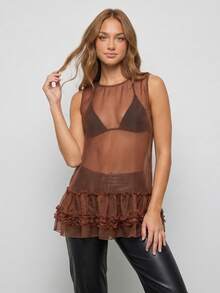 Women Sheer Tank Tops Summer Layered Ruffle Sleeveless Shirt Basic Vest Aesthetic Clothes For Streetwear - Brown - View 5